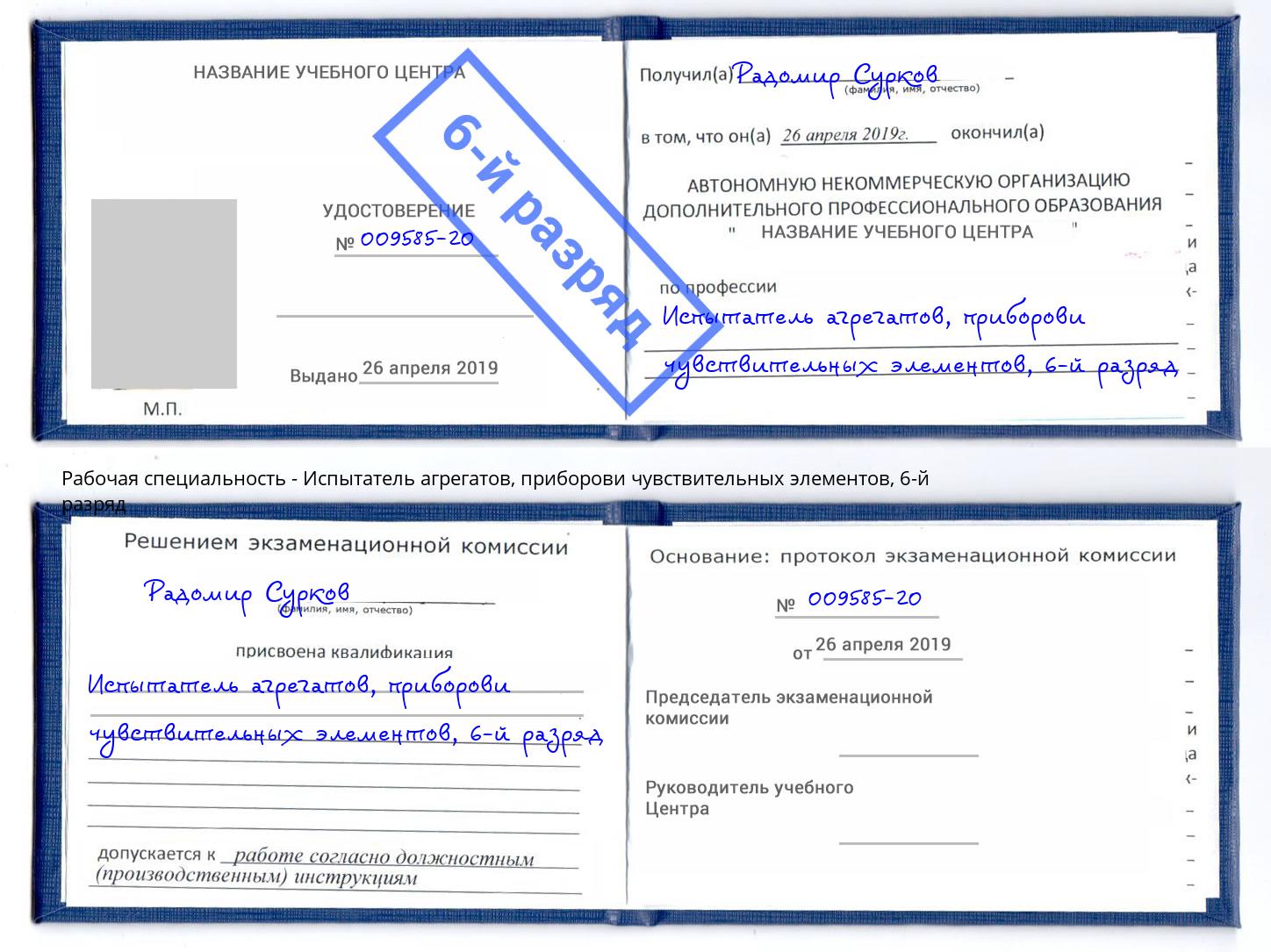 корочка 6-й разряд Испытатель агрегатов, приборови чувствительных элементов Качканар