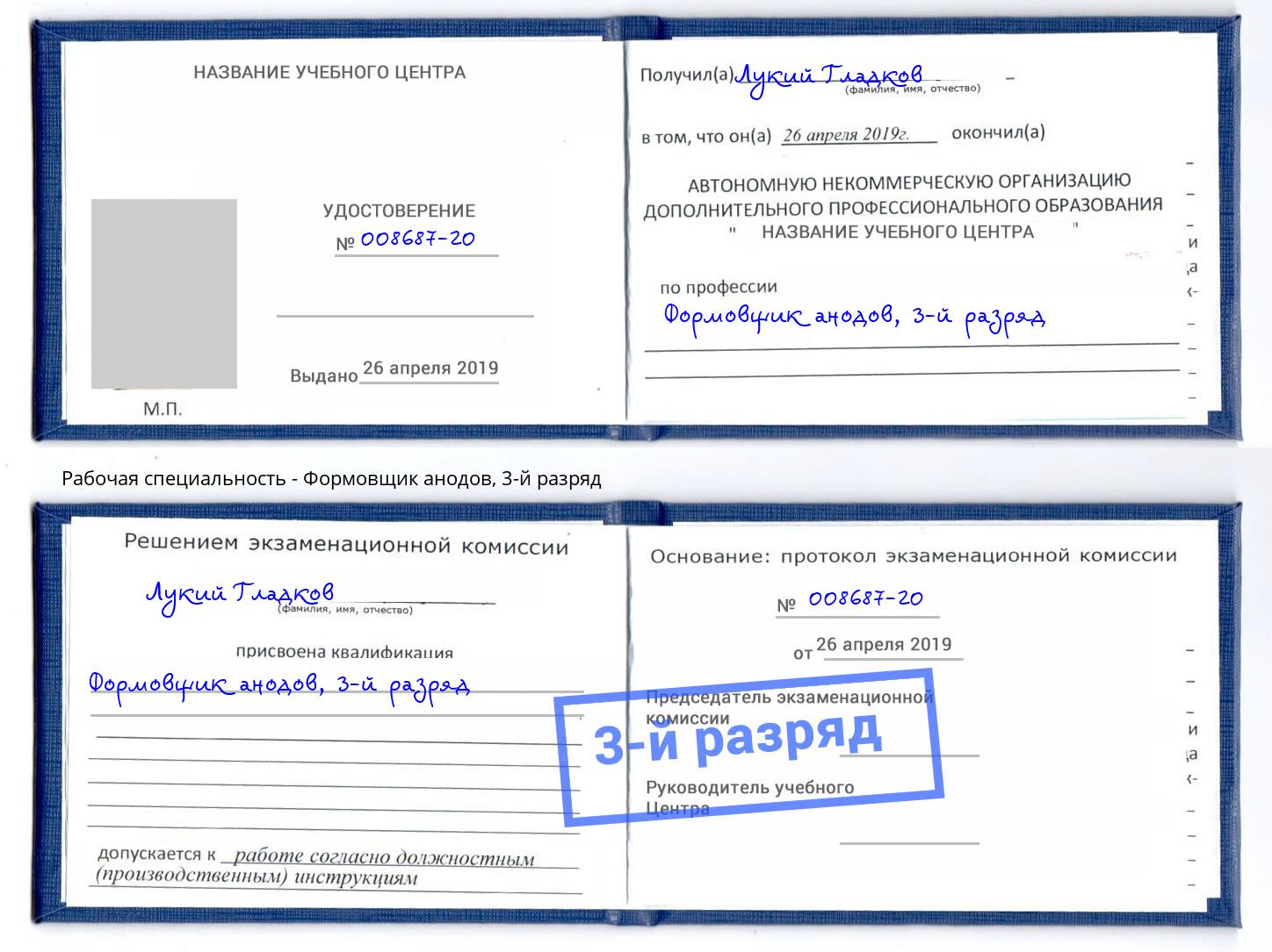 корочка 3-й разряд Формовщик анодов Качканар